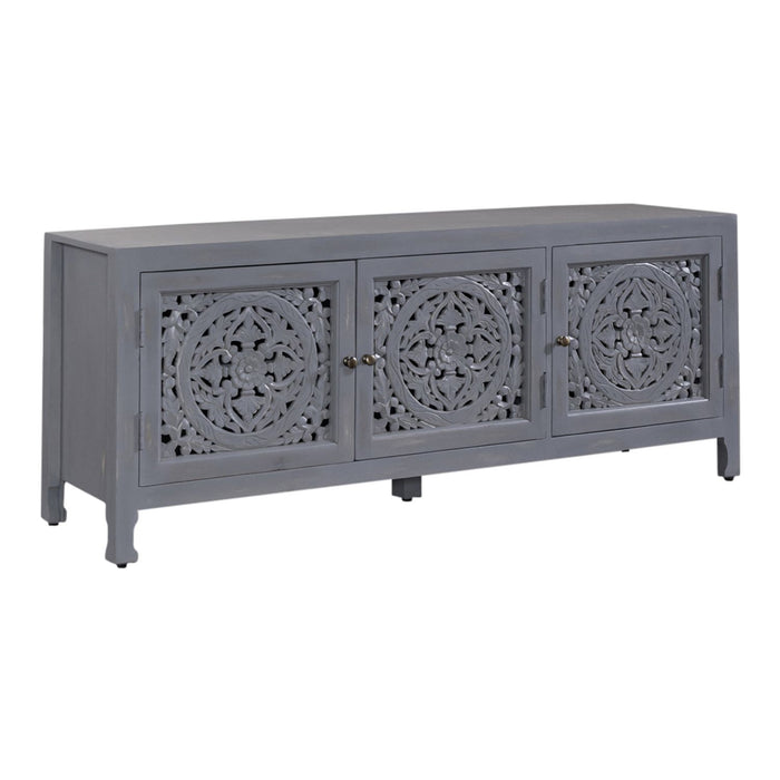 Marisol 65 Inch 3 Door Accent TV Stand in Weathered Honey and Soft Wash Gray - homePLUS (Binghamton, NY)