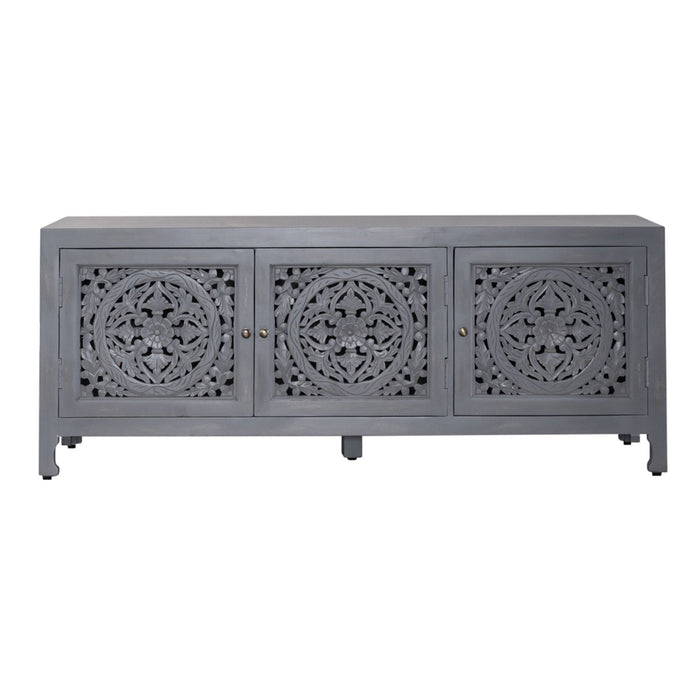 Marisol 65 Inch 3 Door Accent TV Stand in Weathered Honey and Soft Wash Gray - homePLUS (Binghamton, NY)