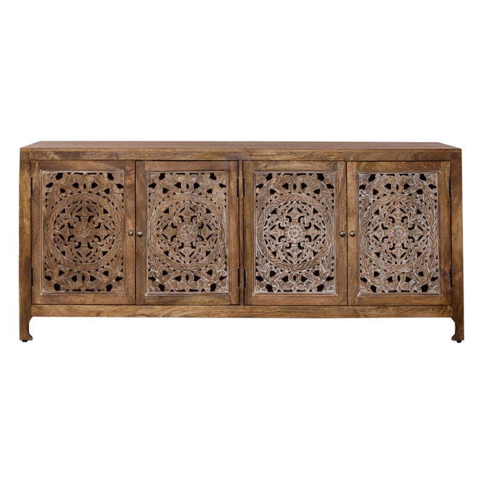 Marisol 74 Inch 4 Door Accent TV Stand in Weathered Honey and Soft Wash Gray - homePLUS (Binghamton, NY)