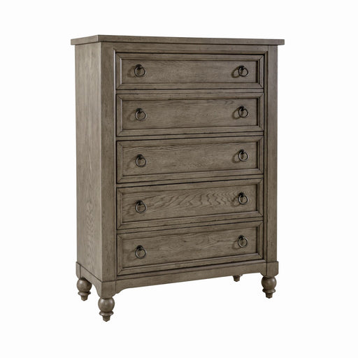 Americana Farmhouse 5 Drawer Chest in Dusty Taupe and Black - homePLUS (Binghamton, NY)