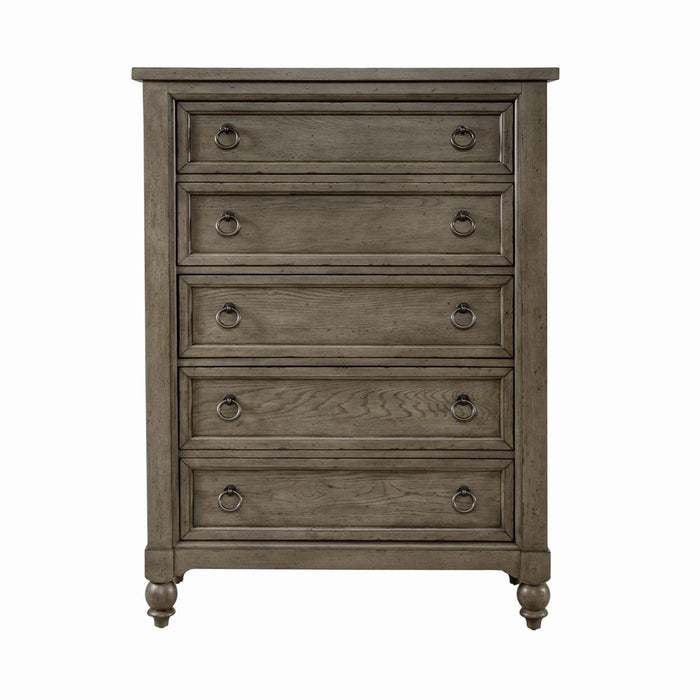 Americana Farmhouse 5 Drawer Chest in Dusty Taupe and Black - homePLUS (Binghamton, NY)
