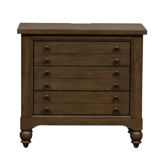Americana Farmhouse 6 Drawer Bedside Chest in Dusty Taupe and Black - homePLUS (Binghamton, NY)