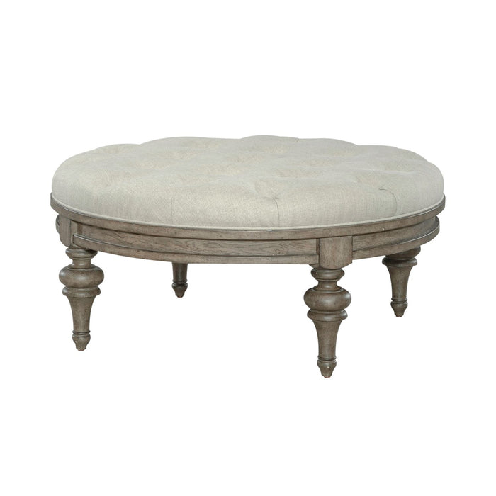 Americana Farmhouse Round Cocktail Ottoman in Dusty Taupe - homePLUS (Binghamton, NY)