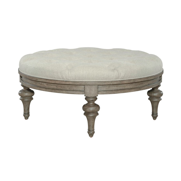 Americana Farmhouse Round Cocktail Ottoman in Dusty Taupe - homePLUS (Binghamton, NY)