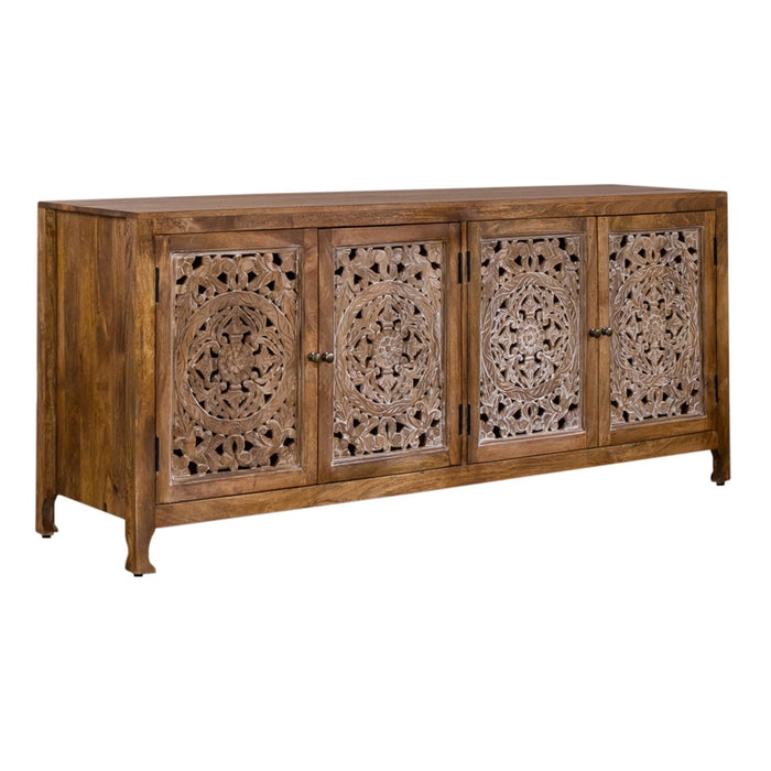Marisol 74 Inch 4 Door Accent TV Stand in Weathered Honey and Soft Wash Gray image